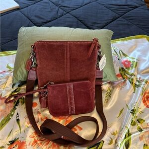 Coach Suede Crossbody Bag + Matching Wristlet Pouch Bundle – Burgundy